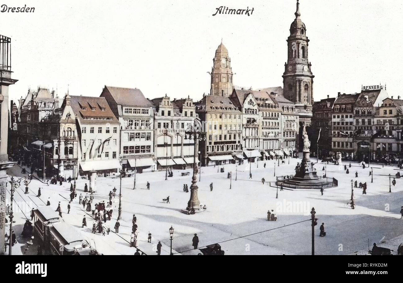 Altmarkt, Dresden vor 1945, Straßenbahnen in Dresden, Pferdekutschen in Deutschland, Germaniadenkmal in Dresden, Neues Rathaus, Dresden, Häuser in Dresden, 1915, Innere Altstadt Stockfoto