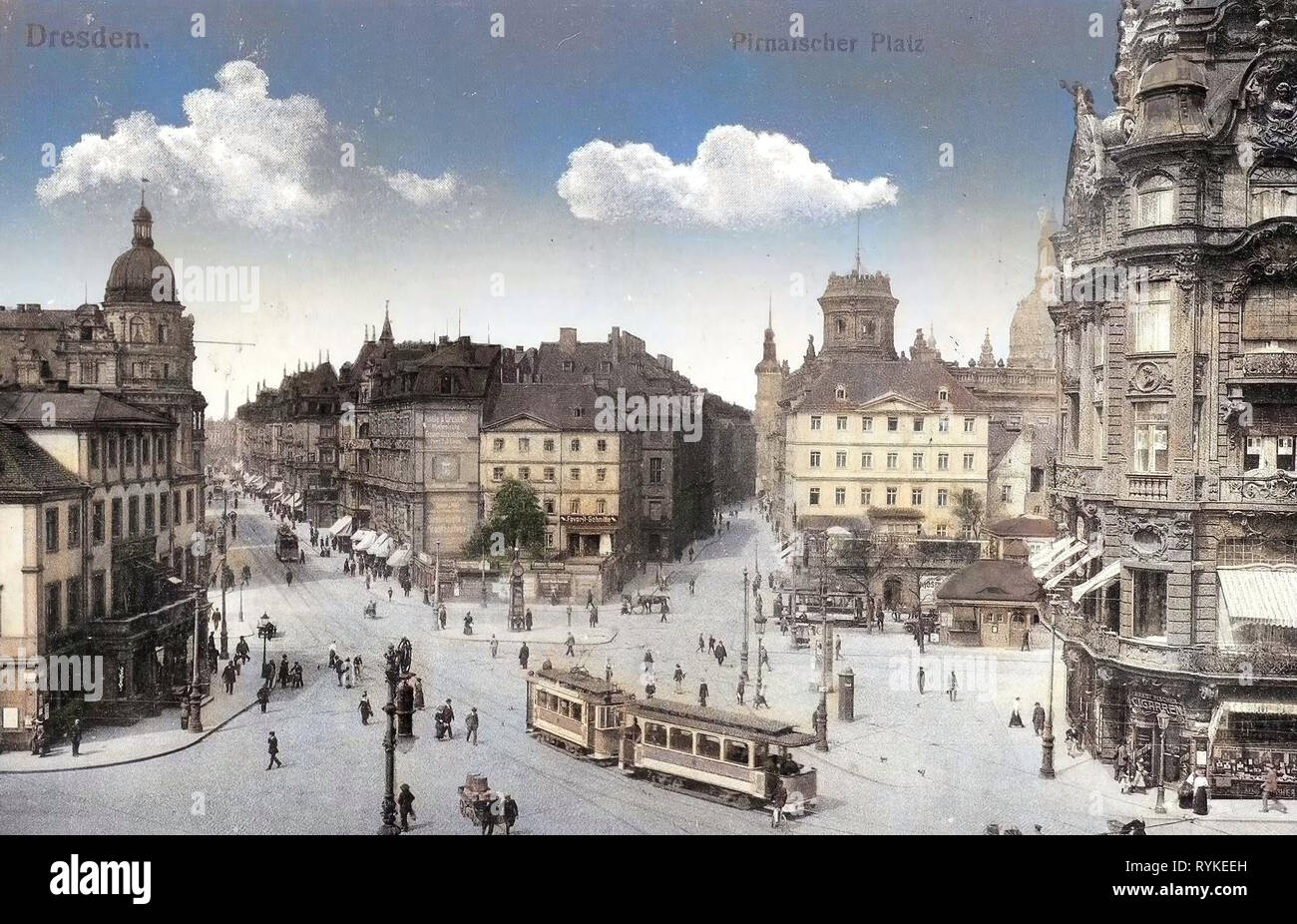 Pirnaischer Platz, Dresden, Straßenbahnen in Dresden, Äußere der Frauenkirche, Kaiserpalast (Dresden), Hausmannsturm, Wilsdruffer Straße, 1915, Deutschland Stockfoto
