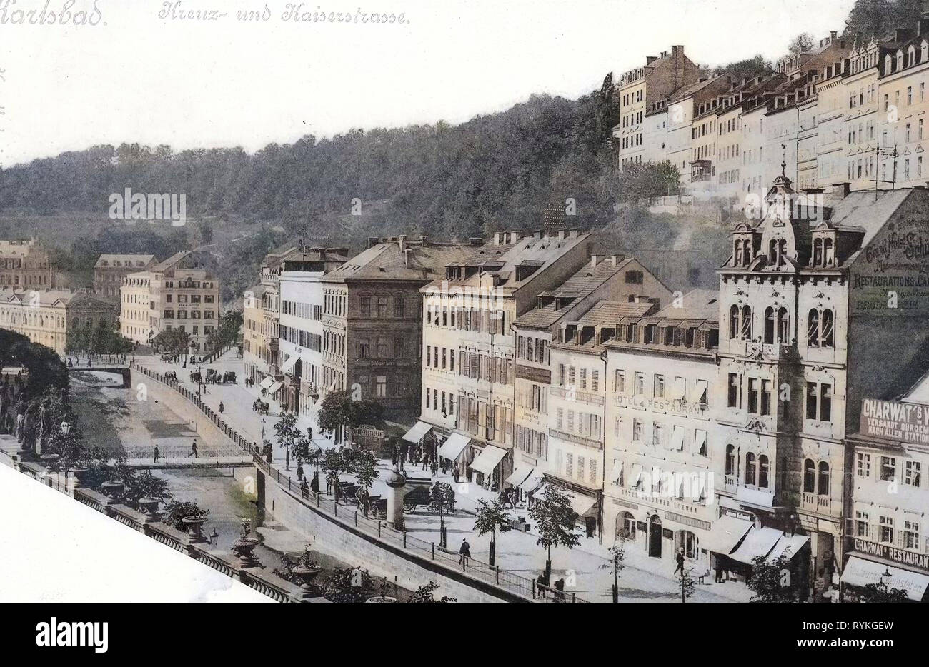 1901, Karlsbad, Teplá in Karlsbad, I.P.Pavlova (Karlsbad), Lávka Gogolova, Karlsbad, Kreuz, und Kaiserstraße, Tschechische Republik Stockfoto
