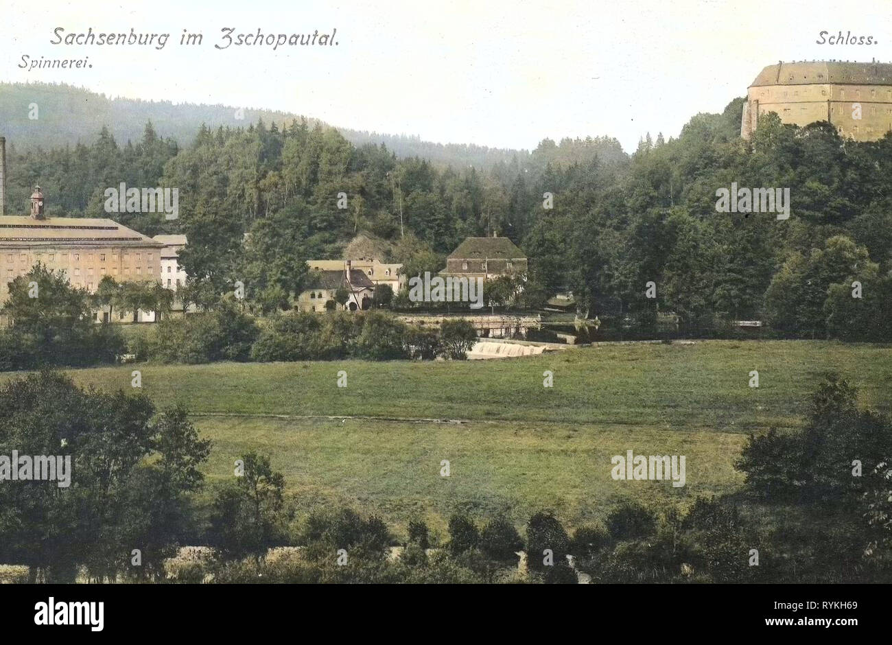 Schloss Sachsenburg, Industrie in Sachsen, Zschopau (Fluss), Sachsenburg Konzentrationslager, 1915, Landkreis Mittelsachsen, Sachsenburg, Schloß, Spinnerei, Deutschland Stockfoto