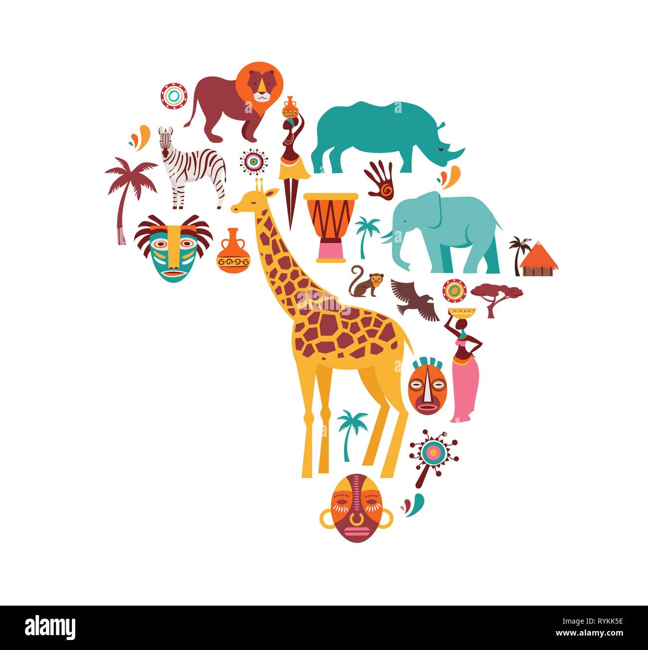 Afrika Karte mit Tieren Symbole, tribal Symbole veranschaulicht. Vektor Design Stock Vektor