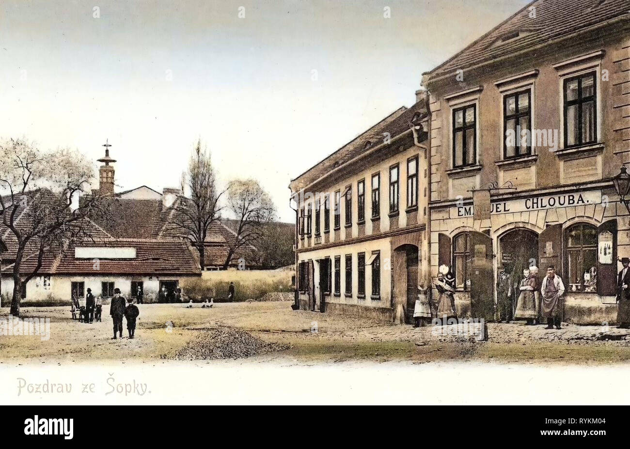 Geschäfte in Mělník, Pšovka (Mělník), 1903, Mittelböhmische Region, Pozdrav ze Sopky, Kaufmann Emanuel Chloubas Haus Stockfoto