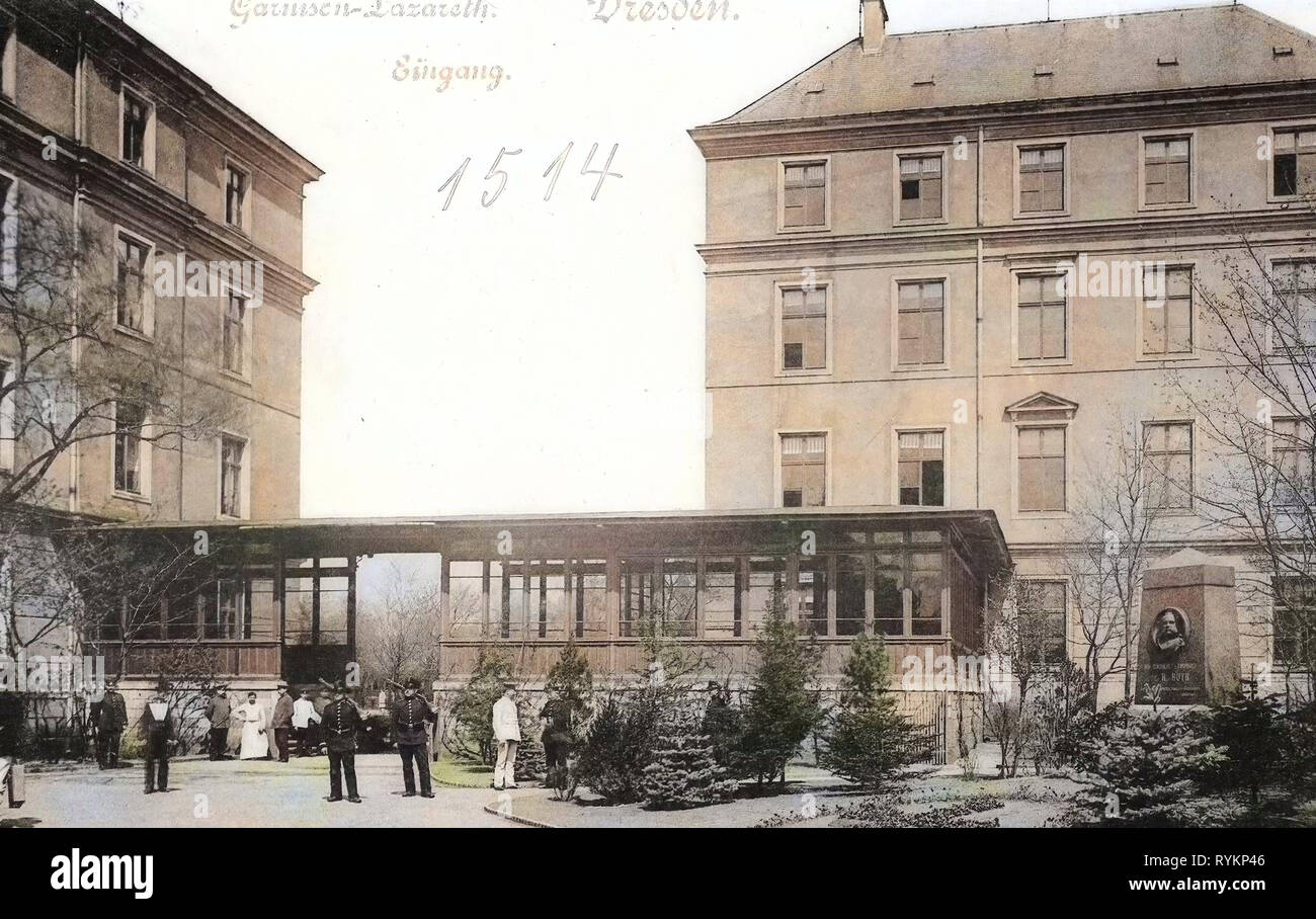 Garnisonslazarett Dresden, Wilhelm August Roth, Denkmäler und Gedenkstätten für die Menschen in Deutschland, 1900, Dresden, Garnison, Lazarett, Eingang Stockfoto