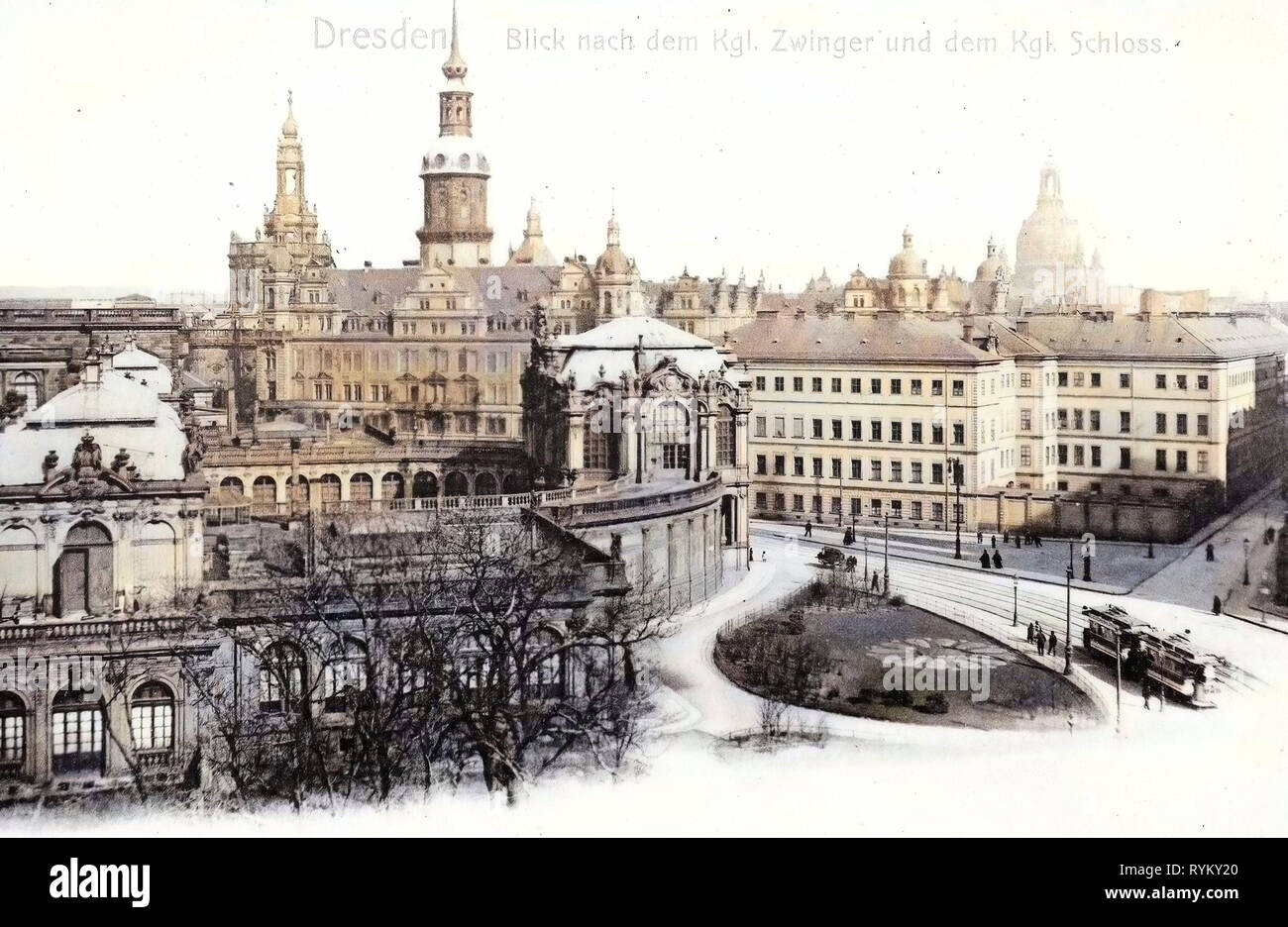 Zwinger, Dresden, Straßenbahnen in Dresden, Kirchen in Dresden, Frauenkirche Kirchen in Sachsen, Taschenbergpalais, Dresden Schloss, 1902, Zwinger und Schloß mit Bahnlinie, Deutschland Stockfoto