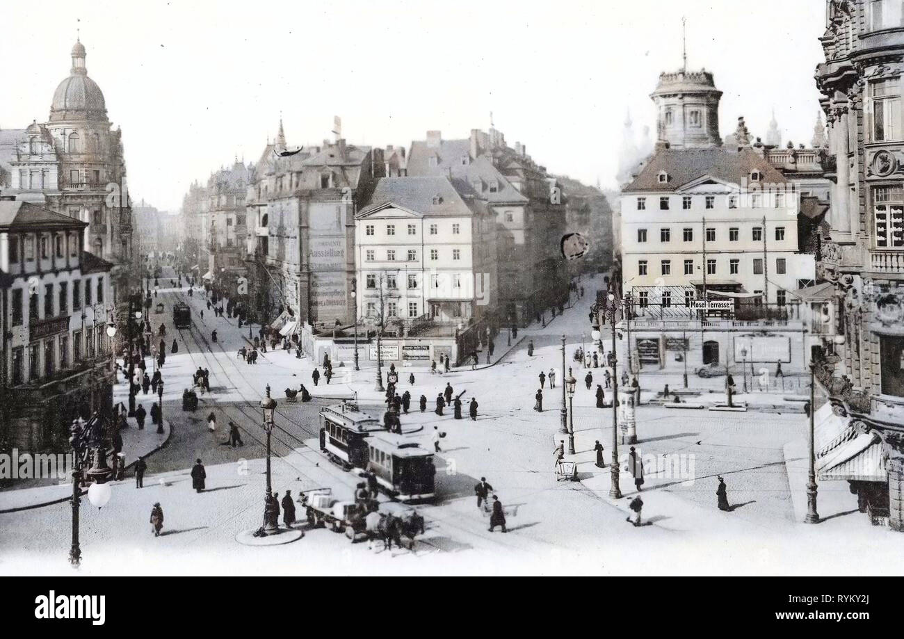 Pferde von Sachsen, Straßenbahnen in Dresden, Pirnaischer Platz, Dresden, Kaiserpalast (Dresden), Polizeipräsidium (Dresden), Wilsdruffer Straße, 1902, Pirnaischer Platz mit Straßenbahn und Pferdewagen, Deutschland Stockfoto