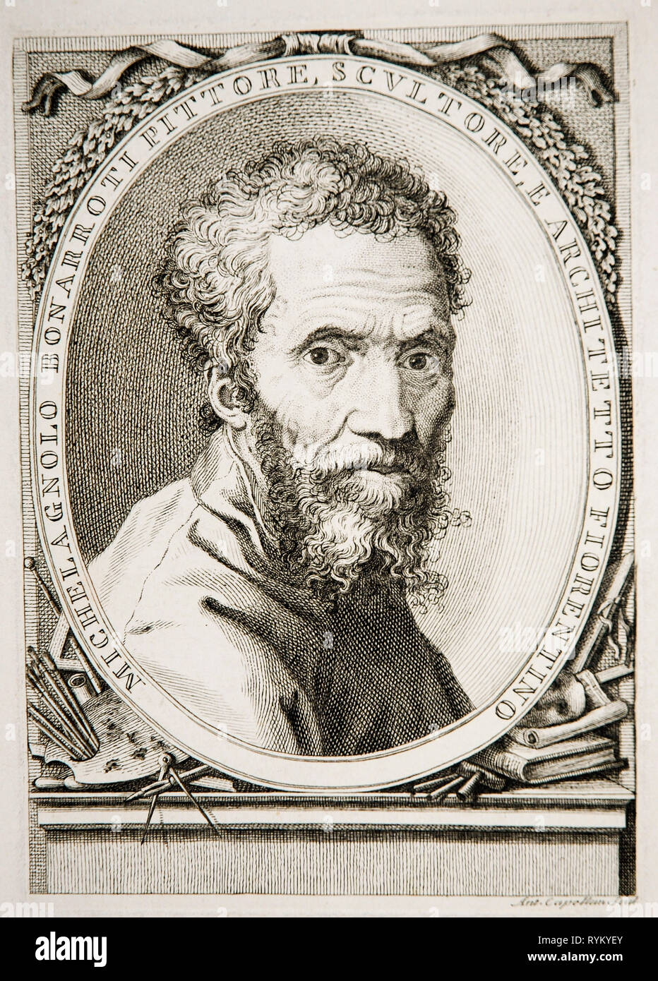 Michelangelo Buonarroti, Porträt, Gravieren, C. 1760 von Antonio Capellani nach Giorgio Ghisi, 1565 Stockfoto