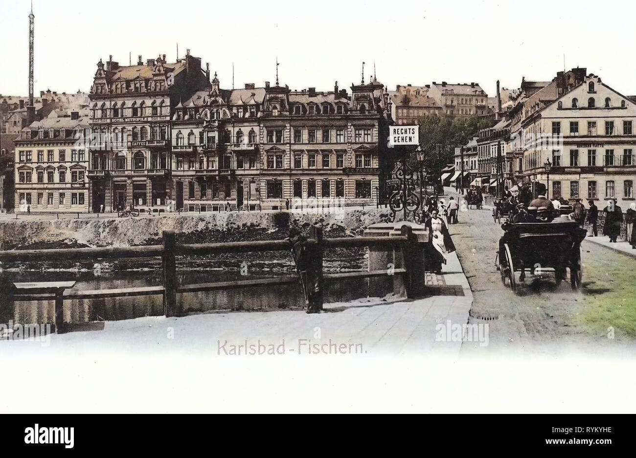 Kutschen in Karlsbad, die meisten Chebský, Gebäude in Karlovy Vary, 1902, Karlsbad, Karlsbad, Fischern, Straße mit Landauer, Tschechische Republik Stockfoto