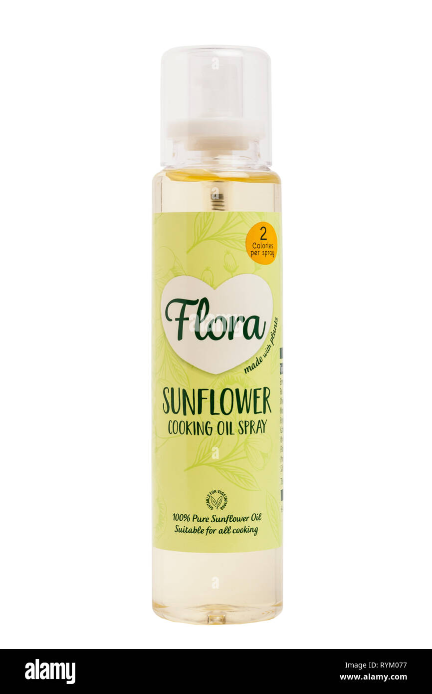 Eine Wanne kalorienarme Flora Sonnenblumen Öl Spray auf weißem Hintergrund Stockfoto
