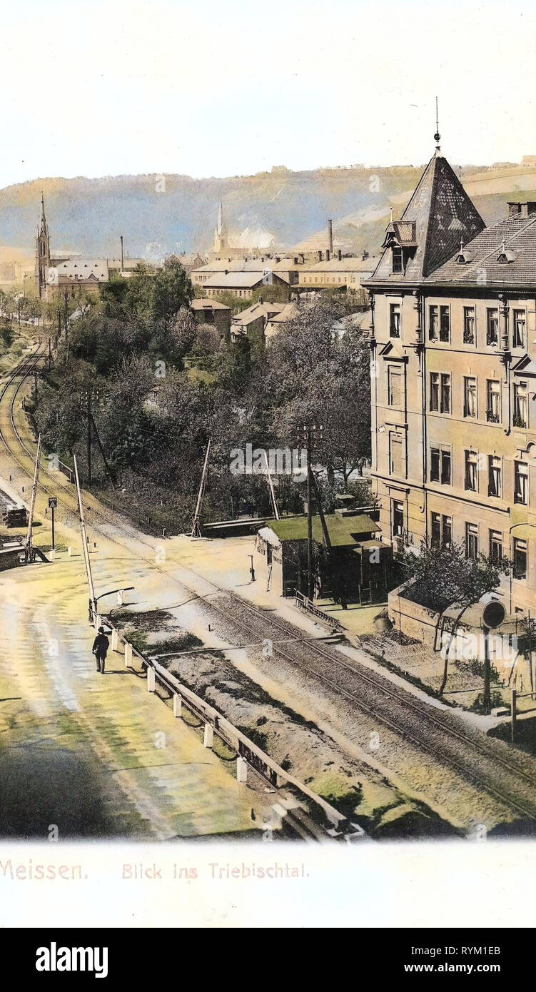 Triebisch in Meißen, Eisenbahnlinie 6386 (Deutschland), die Eisenbahn in Deutschland, Bahnübergänge in Sachsen, Gebäude in Meißen, St. Benno (Meißen), 1906, Meißen, Blick ins Triebischtal Stockfoto