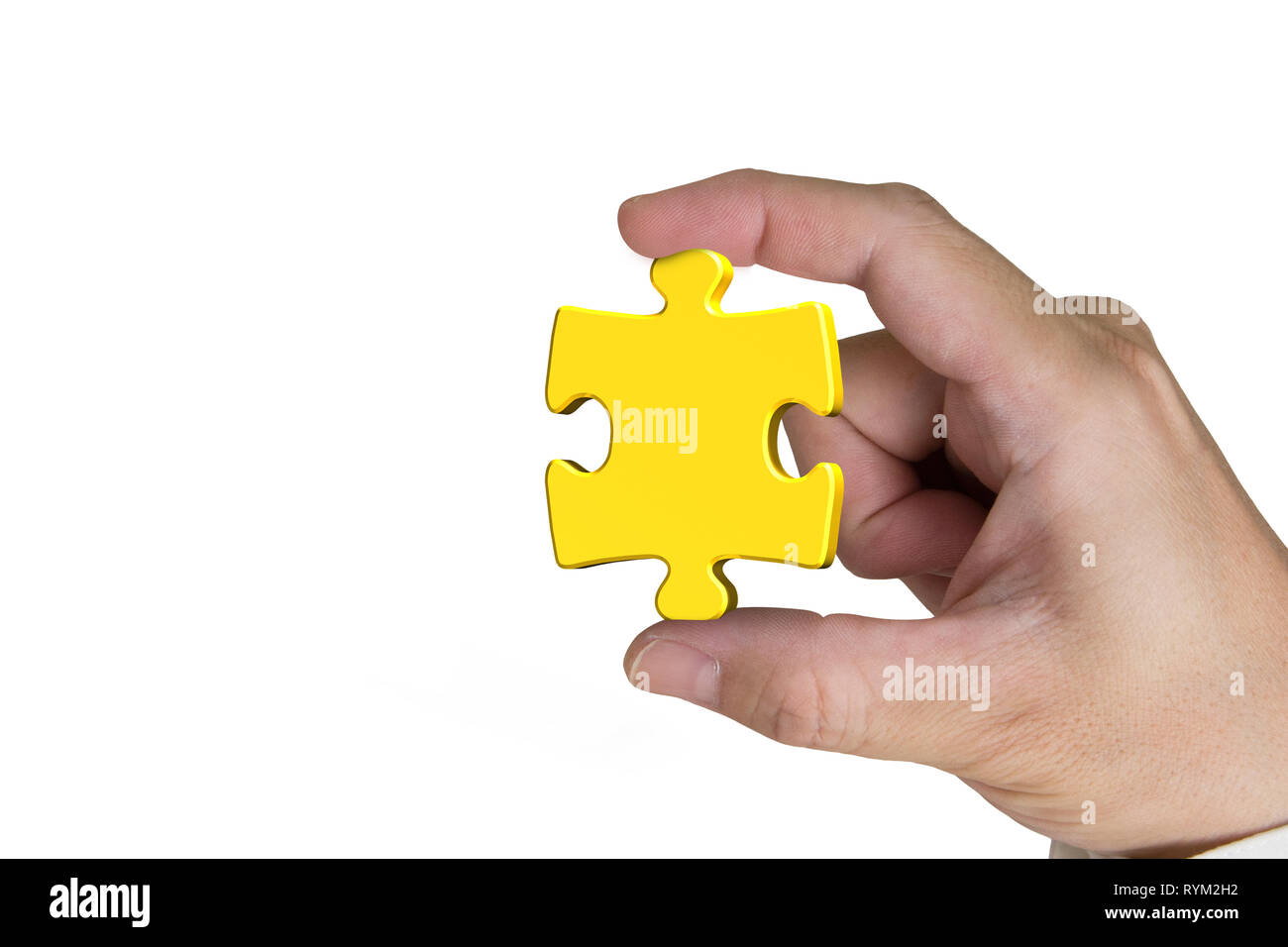 Hand mit gold Puzzle Stück auf weißem Hintergrund Stockfoto