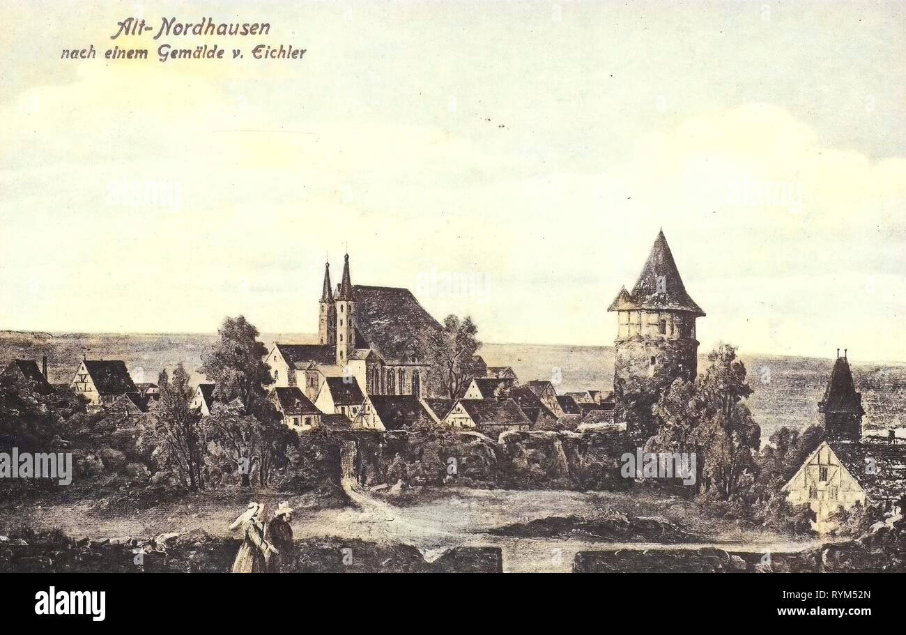 Gebäude in Nordhausen, Kirchen in Nordhausen, Gemälde in Thüringen, 1919, Thüringen, Nordhausen, Altnordhausen / einems Grafik von Eichler Stockfoto