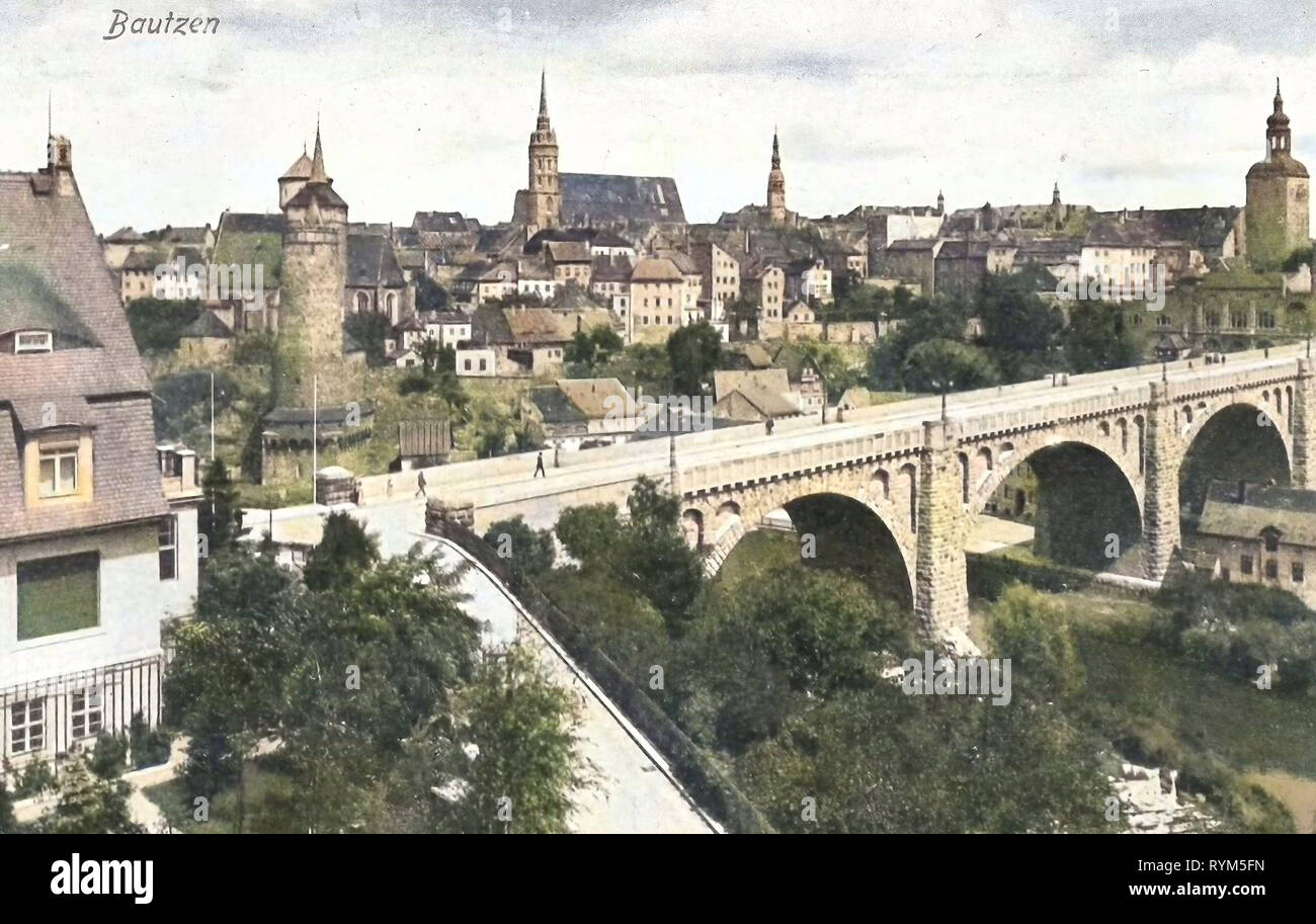 Historische Bilder der Friedensbrücke (Bautzen), Spree in Bautzen, 1920, Landkreis Bautzen, Bautzen, Kronprinzenbrücke, Deutschland Stockfoto