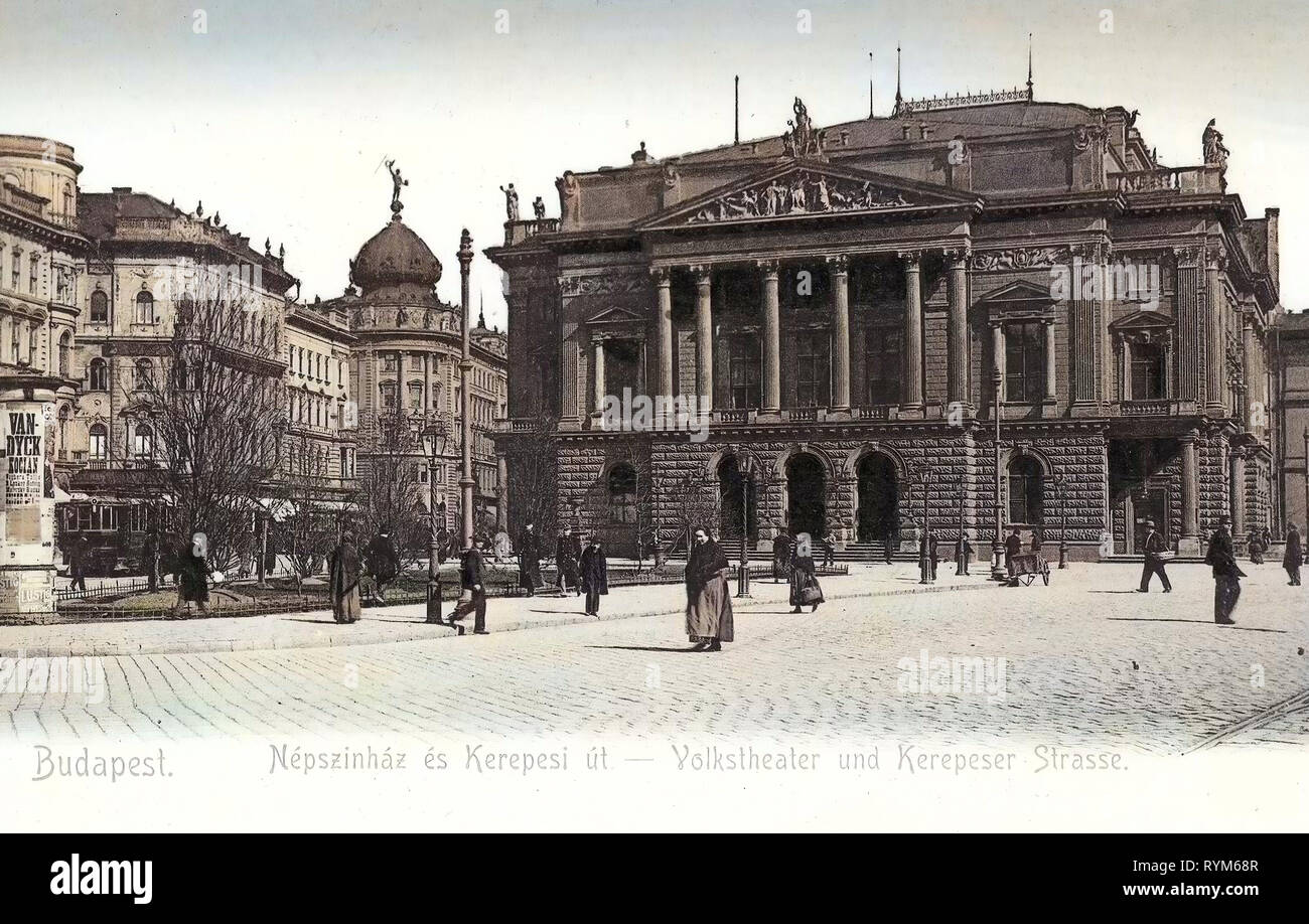 Postkarten der Népszínház (Budapest), Werbung Spalten in Budapest, 1903, Budapest, Volkstheater und Kerepeser Straße, Ungarn Stockfoto