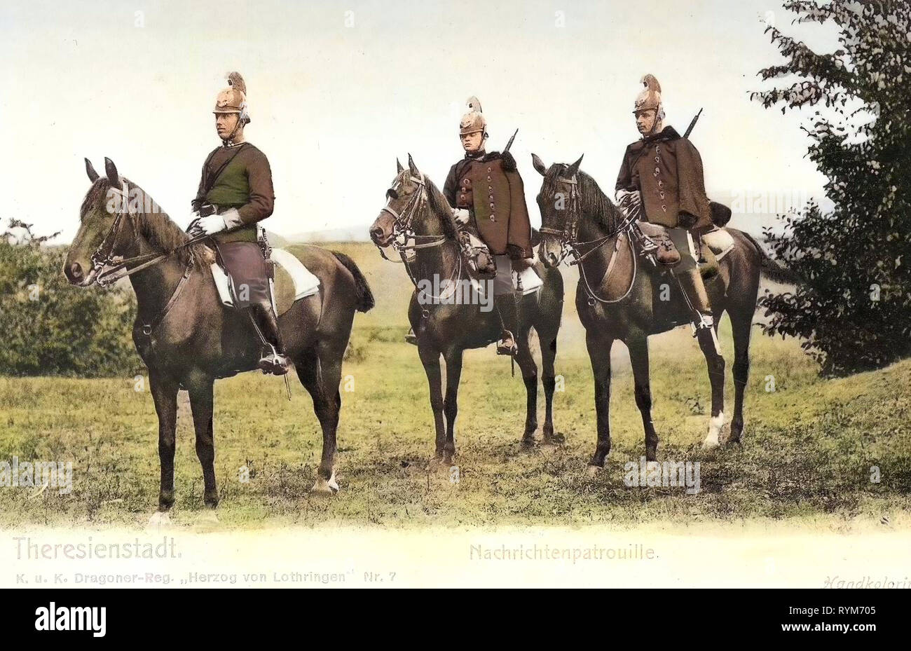 Die Patrouillen, die militärische Nutzung von Pferden, österreichisch-ungarischen Armee, K. u. K. Dragoner-Regiment Herzog von Lothringen Nr. 7, 1903, Aussig, Theresienstadt, Nachichtenpatrouille, Tschechische Republik Stockfoto