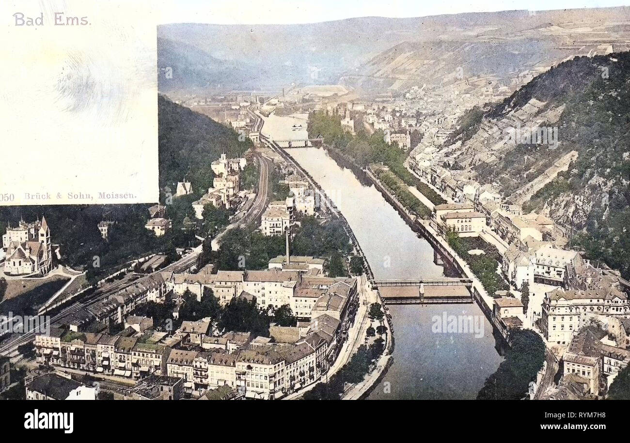 Brücken in Bad Ems, Lahn in Bad Ems, 1903, Rheinland-Pfalz, Bad Ems, Bad Ems und der Lahn mit 3 Brücken Stockfoto