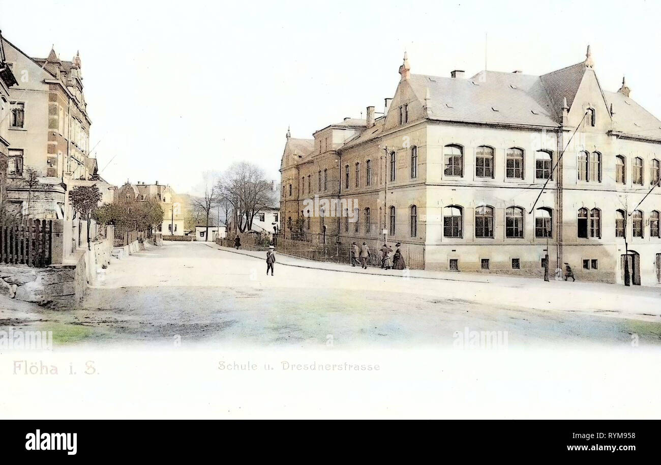 Schulen im Landkreis Mittelsachsen, Flöha, 1903, Landkreis Mittelsachsen, Schule und Dresdner Straße, Deutschland Stockfoto