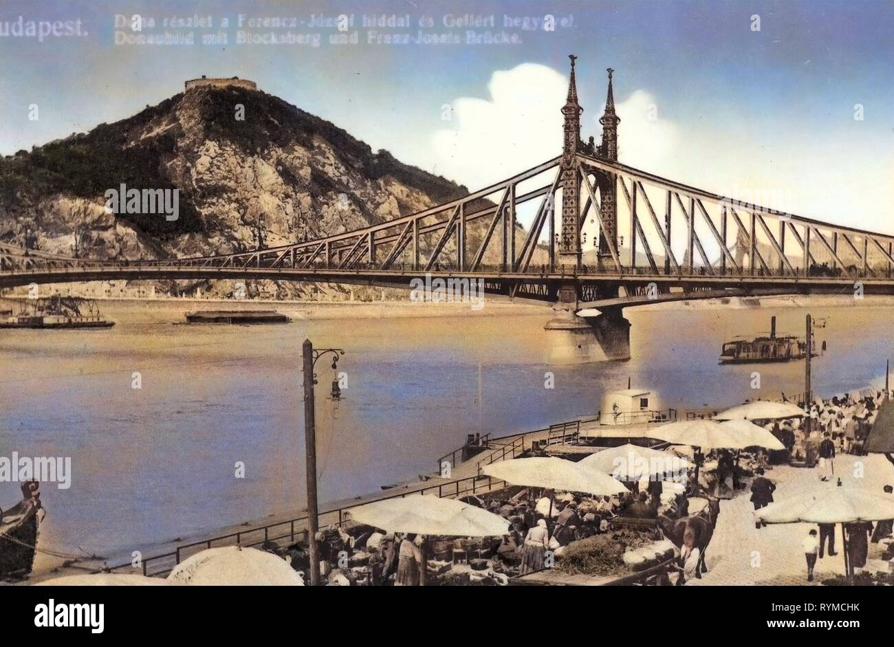 Liberty Bridge, Budapest, historische Fotografien der Gellértberg, Dampfschiffen von Ungarn, in Budapest, 1906, Donau mit Blocksberg und Josefsbrücke Stockfoto