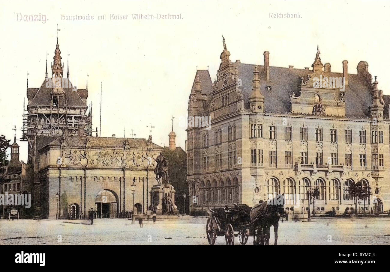 Zerstörte Denkmäler und Gedenkstätten in Danzig, Pferdesport, Statuen von Wilhelm I. von Deutschland in Polen, historische Bilder von Highland Tor in Danzig, 1 Okopowa- Straße in Danzig, Pferdekutschen in Polen, Danzig in den 1900er Jahren, 3415, 1906, Hauptwache mit Kaiser, Wilhelm, Denkmal, Reichsbank Stockfoto