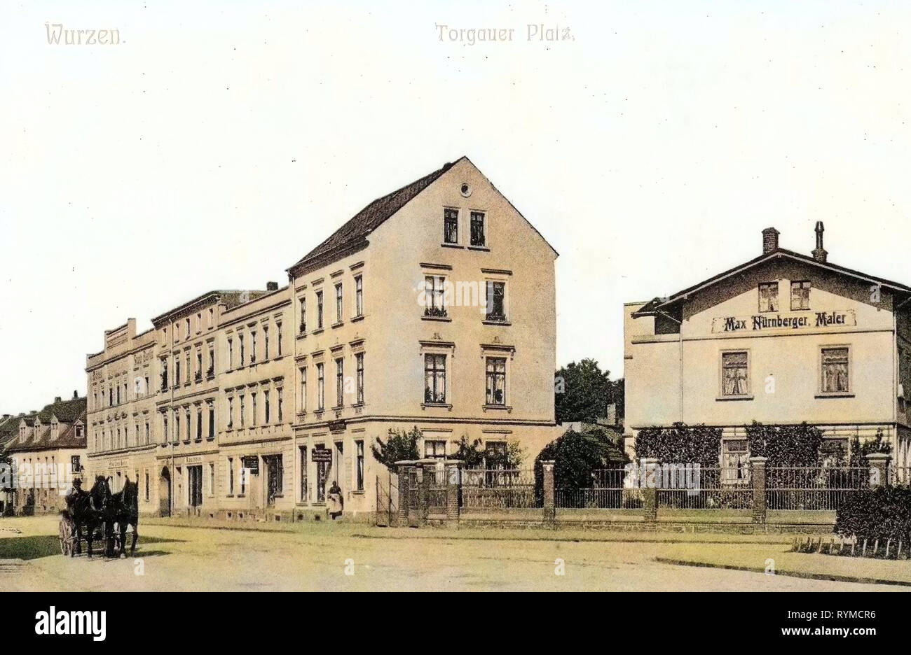 Pferdekutschen in Deutschland, Pferde der Landkreis Leipzig, Gebäude in Wurzen, 1906, Landkreis Leipzig, Wurzen, Torgauer Platz Stockfoto