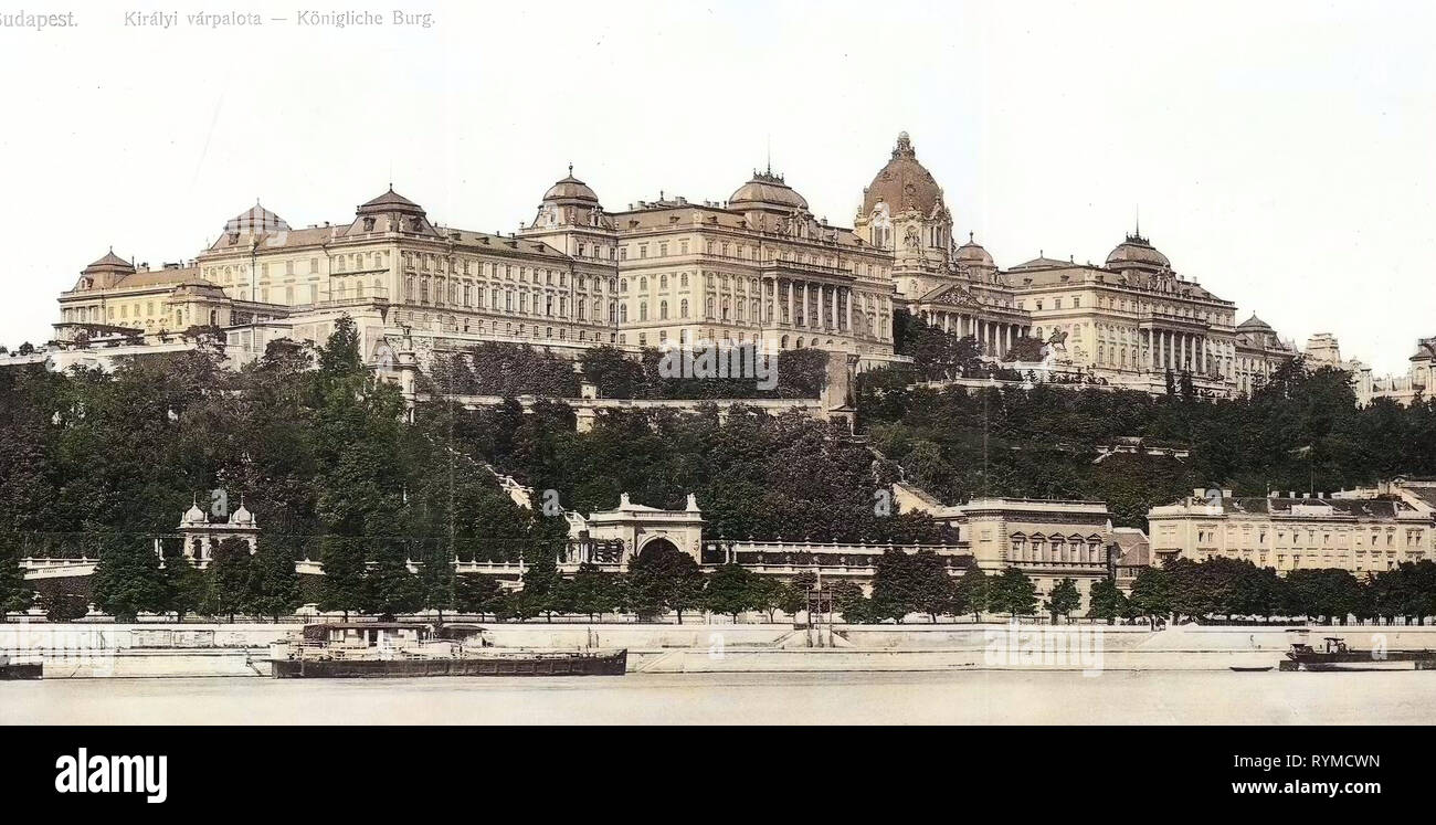 Mit Blick auf die Budaer Burg von der Donau, Schiffe in Budapest, 1906, Budapest, Königliche Burg, Ungarn Stockfoto