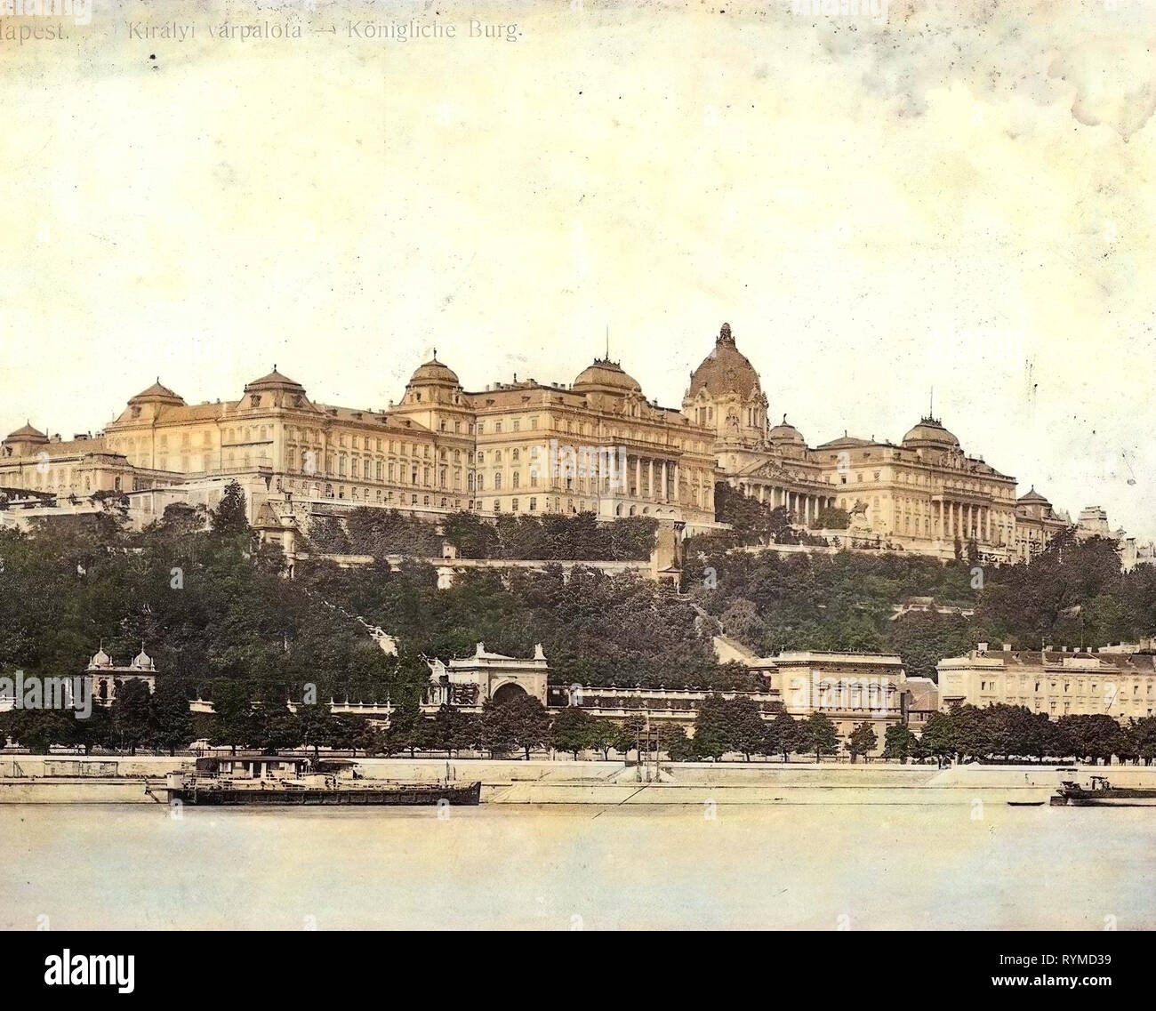 Mit Blick auf die Budaer Burg von der Donau, Schiffe in Budapest, 1906, Budapest, Königliche Burg, Ungarn Stockfoto