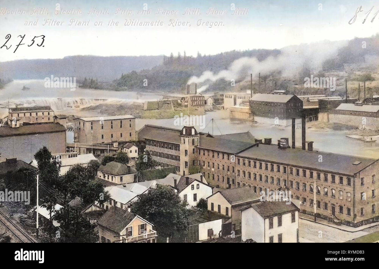 Willamette fällt, Zellstoff- und Papierfabriken in den Vereinigten Staaten, Mühlen in Oregon, Gebäude in Oregon, 1906, Oregon, Woollen Mill, elektrisches Licht, Mühle... auf dem Willamette River Stockfoto