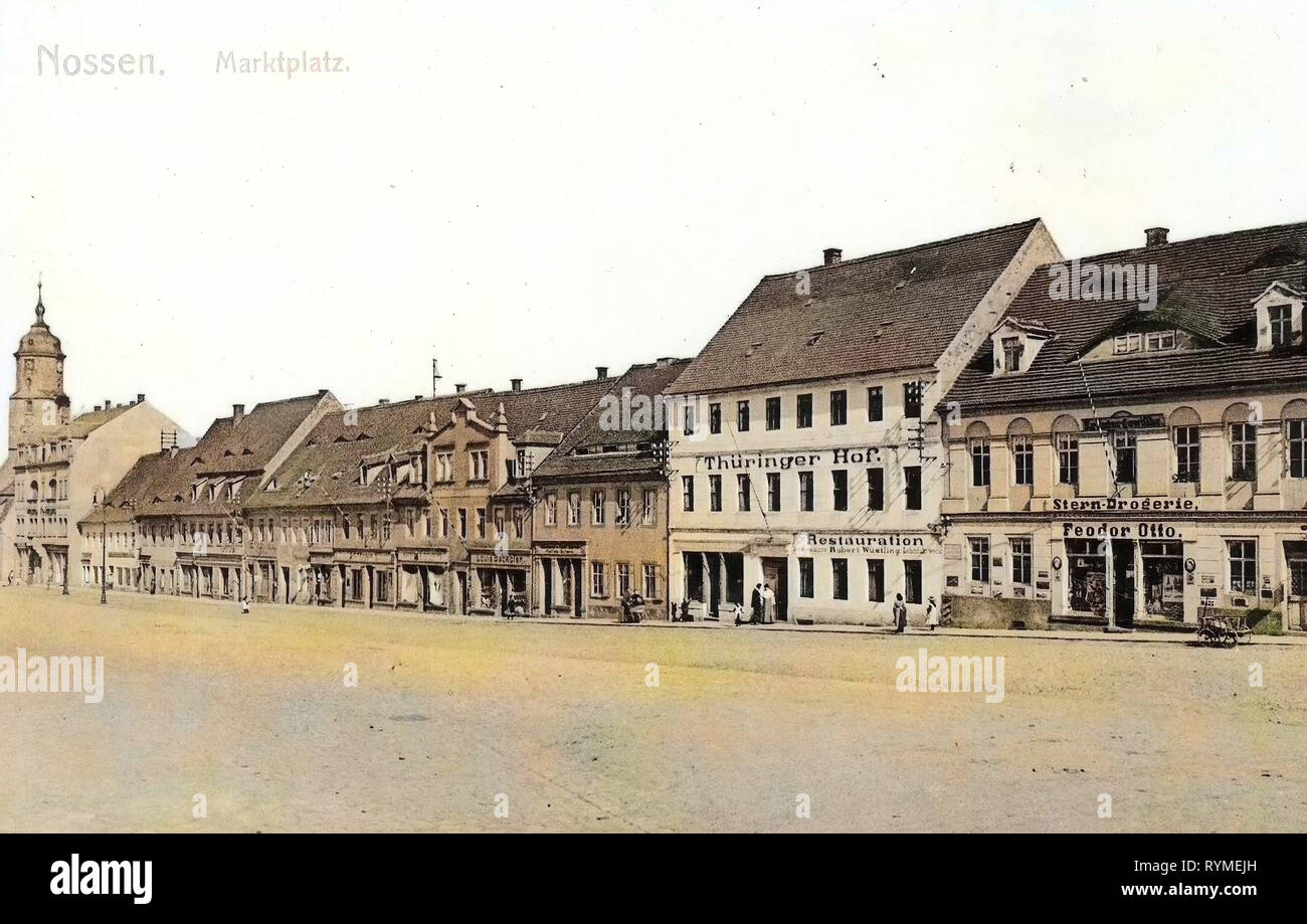 Marktplätze im Landkreis Meißen, Kirchen in Nossen, Restaurants im Landkreis Meißen, Sachsen, Gebäude in Nossen 1907, Landkreis Meißen, Nossen, Marktplatz, Deutschland Stockfoto