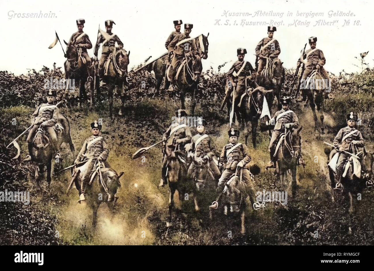 Husaren von Deutschland, militärische Nutzung von Pferden, Großenhain 1907, Landkreis Meißen, Husarenabteilung in bergigem Gelände Stockfoto