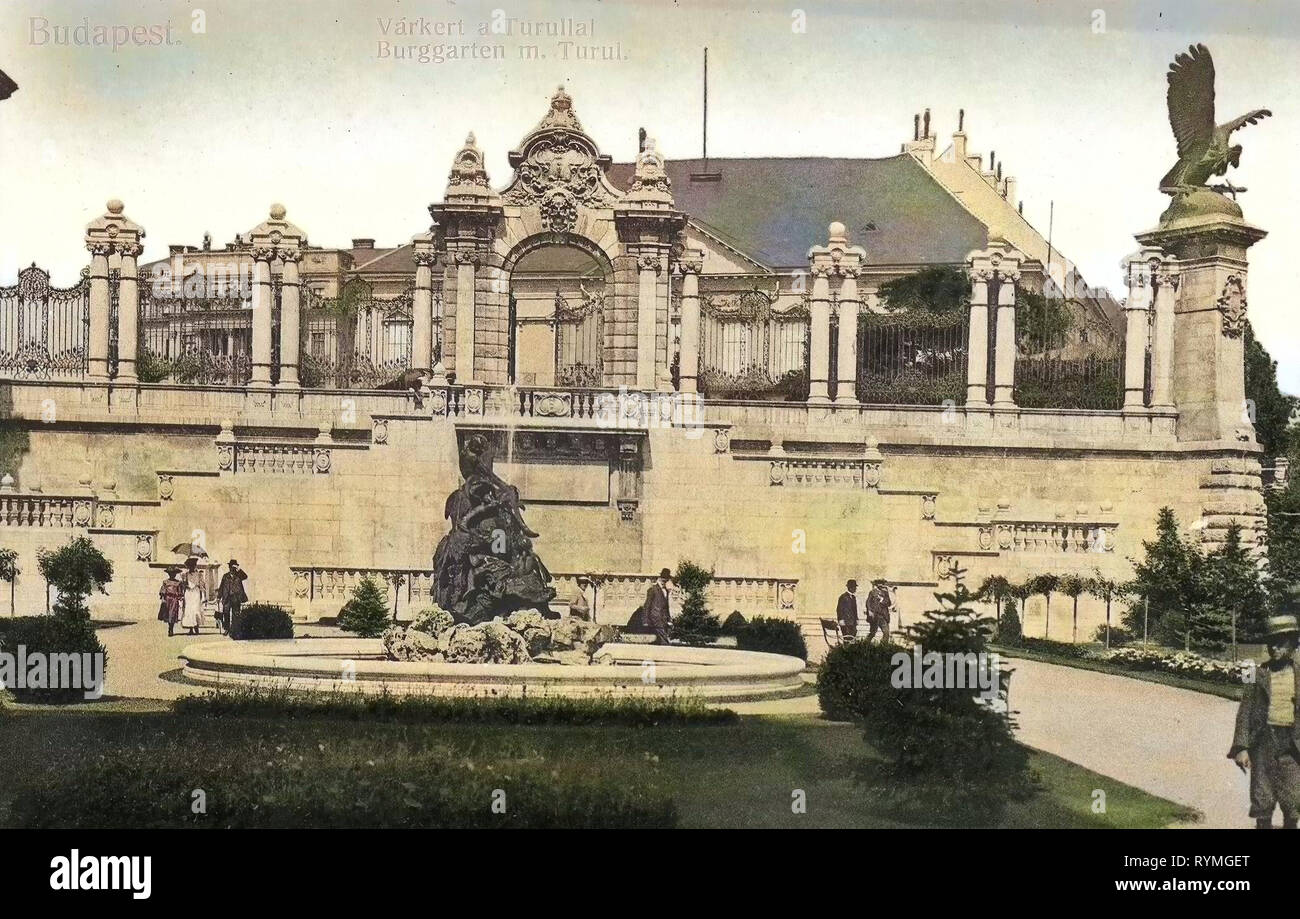 Turul (Buda), Gärten in Budapest, Brunnen der Angeln Kinder, 1908, Budapest, Burggarten mit Turul, Ungarn Stockfoto