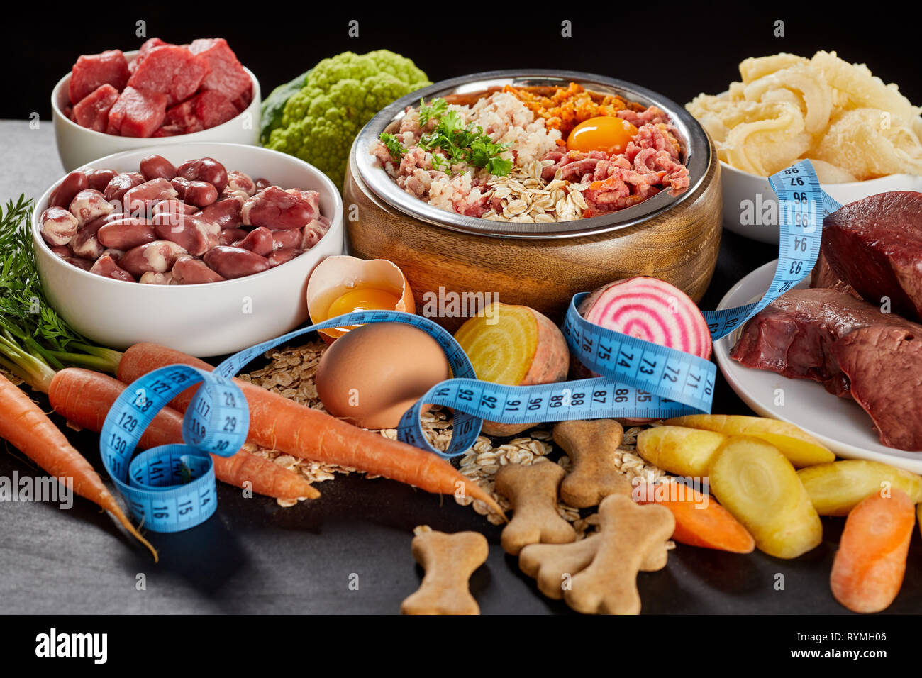 Hunde Ernährung und Gewichtsabnahme Konzept mit Raw barf Ernährung mit Gemüse, Müsli, Magen, Innereien, Geflügel und Rindfleisch Wunde durch mit einem Maßband Stockfoto