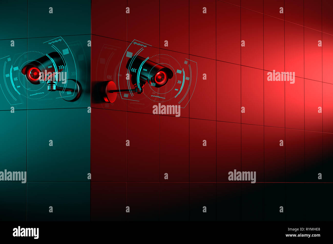 Zwei CCTV-Kameras, die sich in der Ecke. Eine Seite der Gebäude ist grün auf der anderen Seite Rot ist. 3D-Rendering Stockfoto