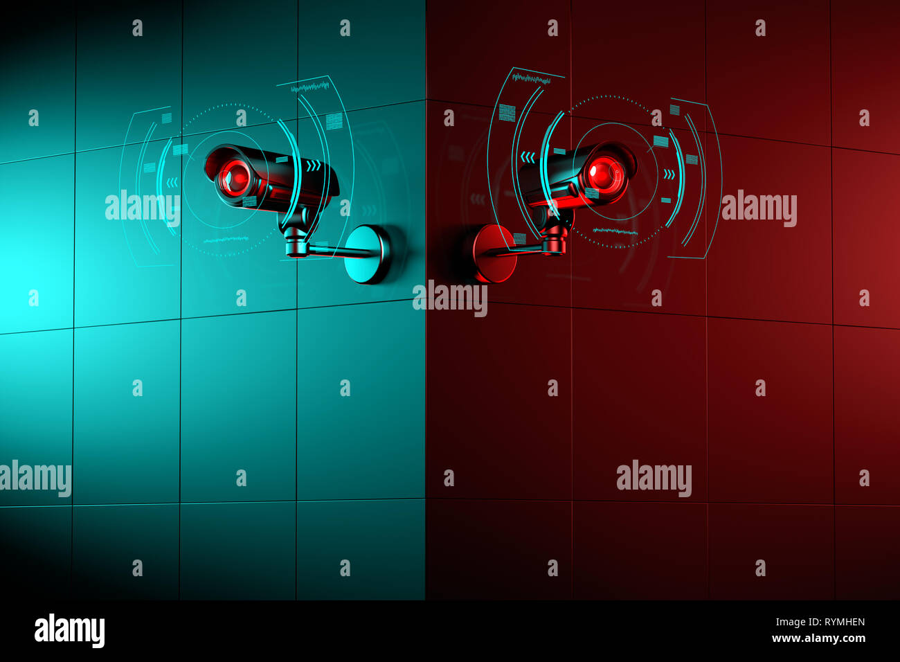 Zwei Sicherheit CCTV Kameras mit futuristischen Schnittstelle, wie sie für die Verletzung. 3D-Rendering Stockfoto