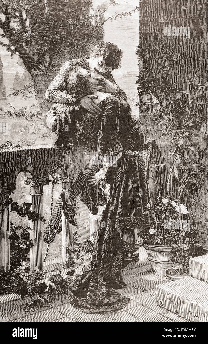 Romeo und Julia auf dem Balkon, nach dem Gemälde von Julio Kronberg. Von Ilustracion Artistica, veröffentlicht 1887. Stockfoto