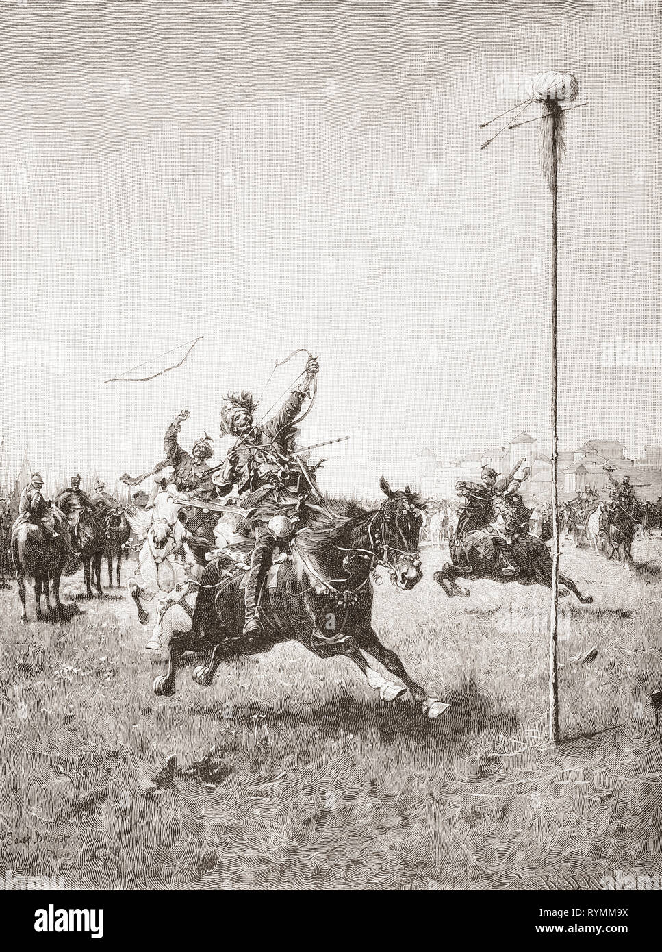 Lisowczycy Soldaten in einem Bogenschießen Wettbewerb, nach dem Gemälde von Josef von Brandt. Die Lisowczycy waren ein Anfang des 17. Jahrhunderts irreguläre Einheit des polnisch-litauischen leichte Kavallerie. Von Ilustracion Artistica, veröffentlicht 1887. Stockfoto