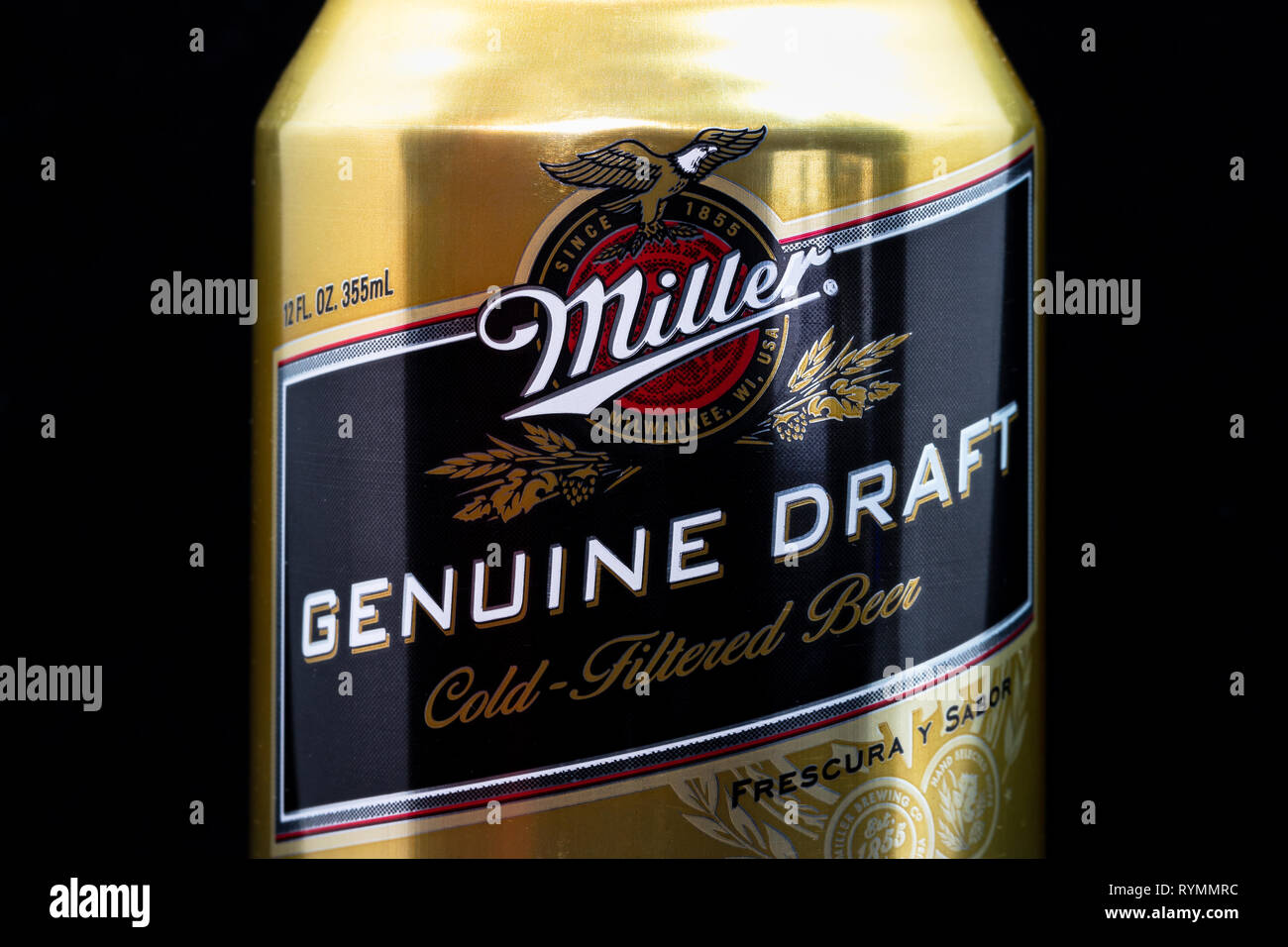 ST. PAUL, MN/USA - März 6, 2019: Miller Genuine Draft Bier und Logo. Die Miller Brewing Company ist ein US-amerikanisches Bier Brewing Company. Stockfoto