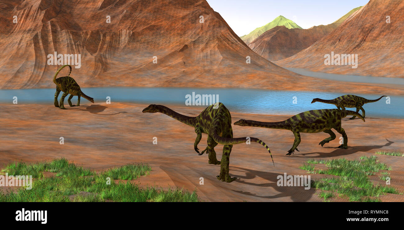 - Anchisaurus Prosauropod Anchisaurus Dinosaurier versammeln sich Watch für Raubtiere zu halten und einen Trinken von Wasser während der Kreidezeit. Stockfoto
