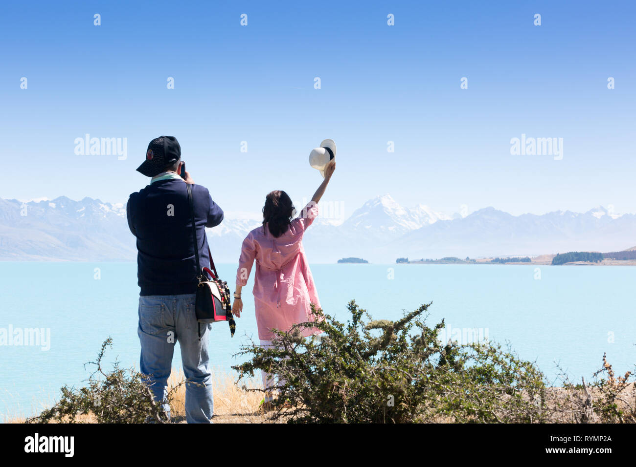 Chinesische Touristen, Lake Pukaki, Neuseeland Stockfoto
