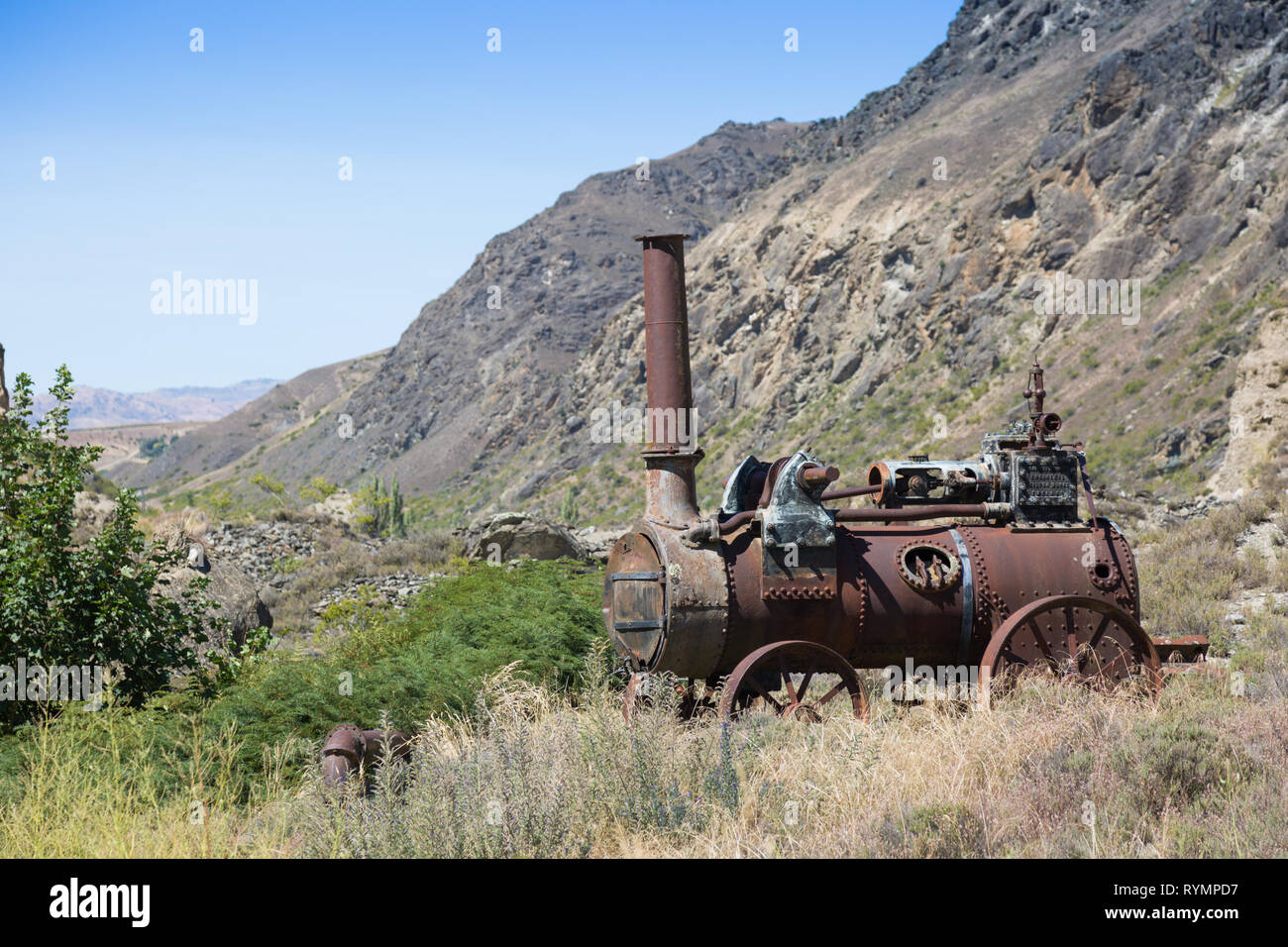 Rostige alte Dampfmaschine, Goldfields Bergbau Mitte, Neuseeland Stockfoto