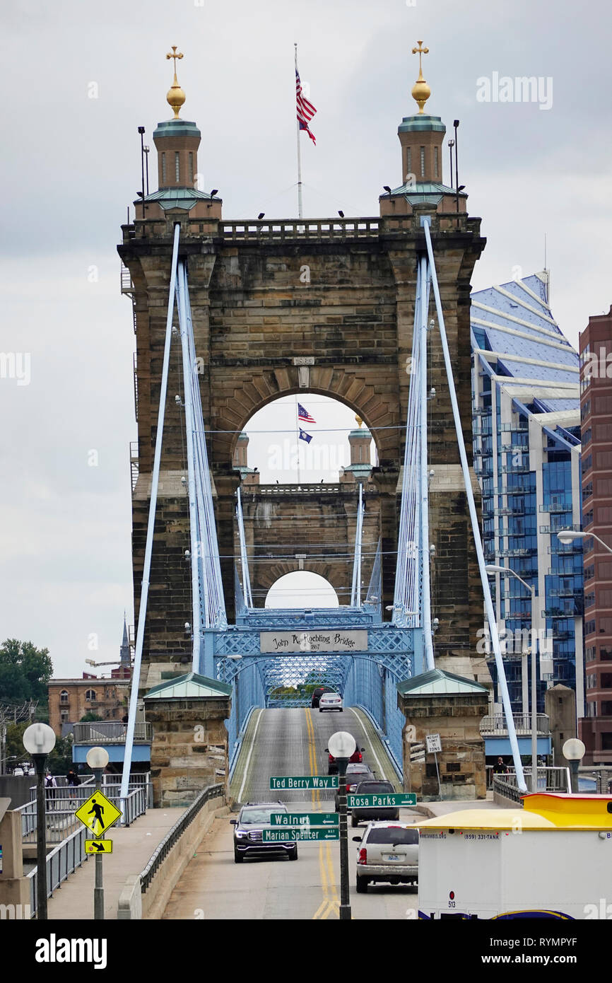 John Roebling Suspension Bridge Cincinnati OH Stockfoto