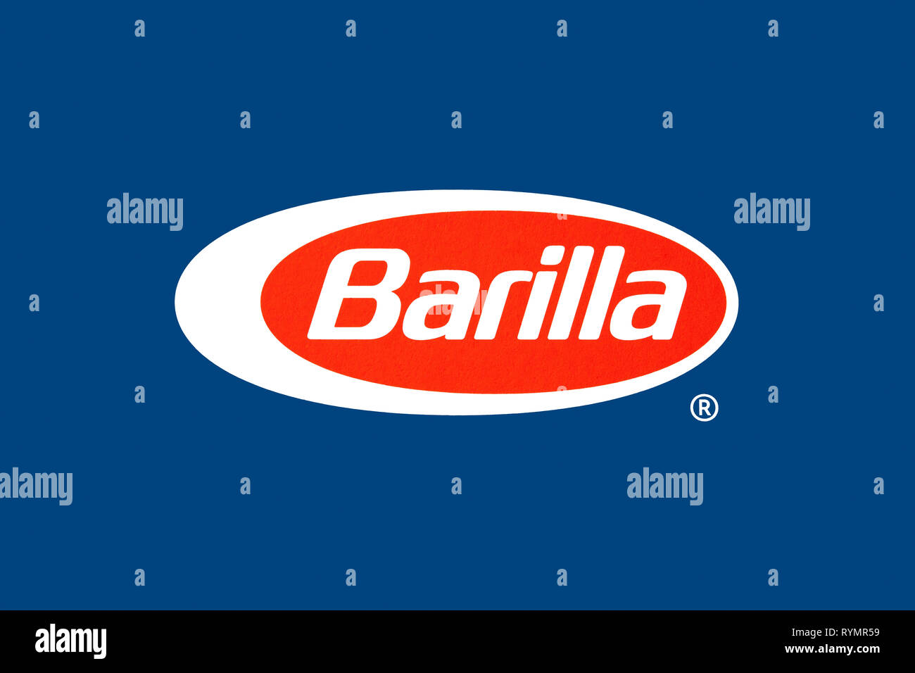 Barilla Logo mit einem blauen Hintergrund. Barilla ist eine italienische Firma, die verschiedene Typen oder Pasta und Saucen. Stockfoto