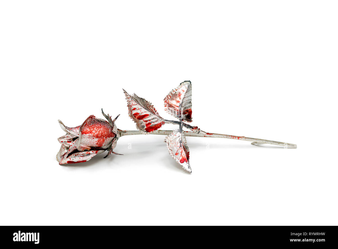 Silberne Rose mit Blut spritzte auf weißem Hintergrund Stockfoto