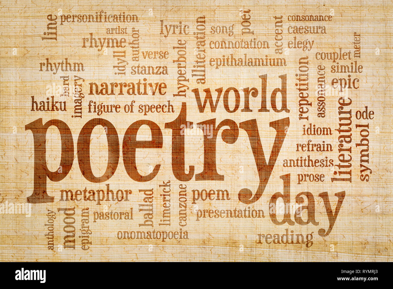Welt der Poesie" - Wortwolke auf Papyrus Papier mit gelben und braunen Fibre Muster Stockfoto