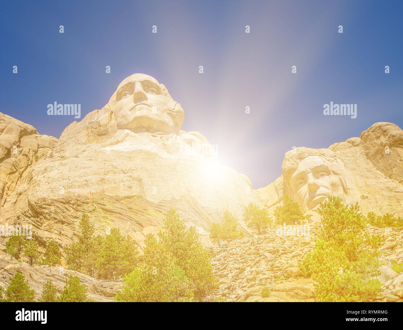 Sonnenuntergang Mount Rushmore der Vereinigten Staaten 4. Juli Symbol für Amerika und National Park in South Dakota. Präsidenten: George Washington, Thomas Jefferson Stockfoto