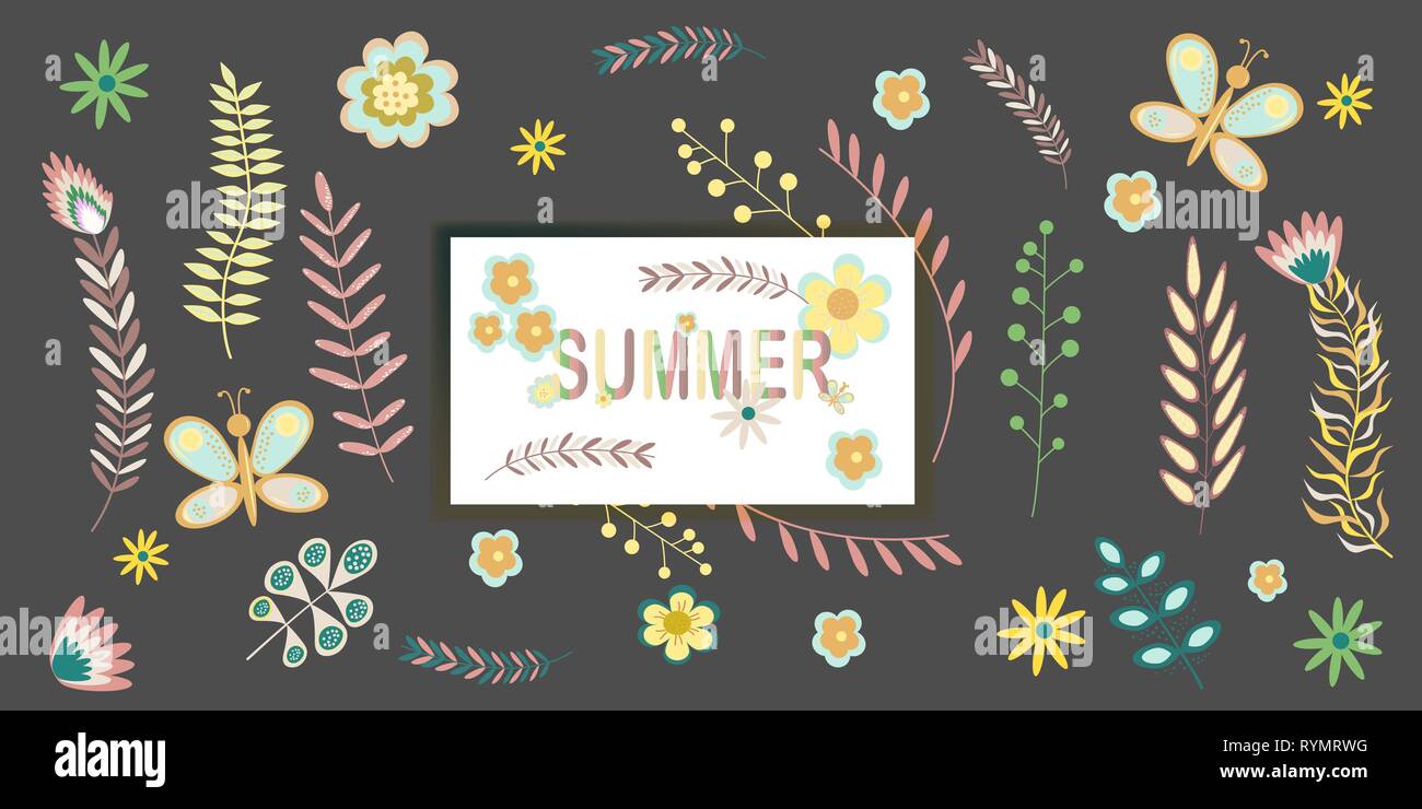 Sommer Blumen banner Muster mit Rahmen kopieren Platz Blumen und Zweige in Pastellfarben. Vector Illustration Stock Vektor