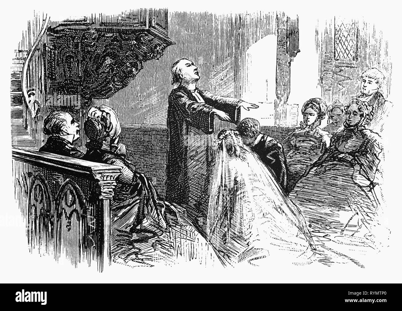 Ein junges Paar in einer Kirche heiraten. Von der Camera Obscura, einem Gebäude aus dem 19. Jahrhundert Sammlung niederländischer humorvoll - realistische Essays, Erzählungen und Skizzen, in denen Hildebrand, der Autor, einen ironischen Blick auf das Verhalten der "well-to-do' nimmt, finden Sie bürgerlichen und ohne ein gutes Wort für Sie. Stockfoto