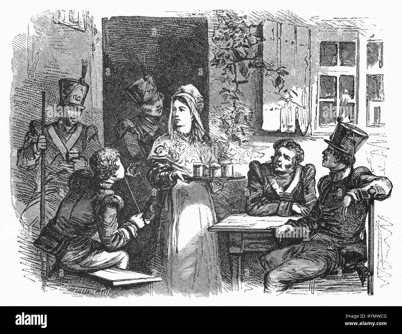 In einem Gasthaus zwischen Terheide und Oosterhout, eine Portion Mädchen bringt Bier zu einer Gruppe von Soldaten, die Erfrischung in einem strassenrand Inn. Von der Camera Obscura, einem Gebäude aus dem 19. Jahrhundert Sammlung niederländischer humorvoll - realistische Essays, Erzählungen und Skizzen, in denen Hildebrand, der Autor, einen ironischen Blick auf das Verhalten der "well-to-do' nimmt, finden Sie bürgerlichen und ohne ein gutes Wort für Sie Stockfoto