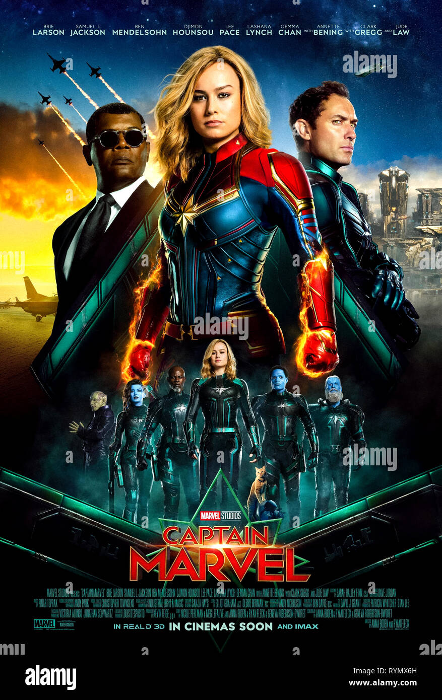 Captain Marvel (2019) unter der Regie von Anna Boden und Ryan Fleck mit Brie Larson, Gemma Chan, Jude Law und Samuel L. Jackson. Die USAF-Pilotin Carol Danvers wird zu einem der mächtigsten Superhelden im Universum. Stockfoto