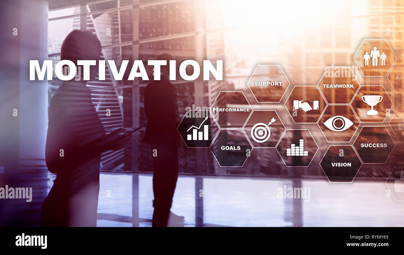 Motivation Konzept mit den Elementen. Business Team. Finanzkonzept auf verschwommenen Hintergrund. Mixed Media Stockfoto
