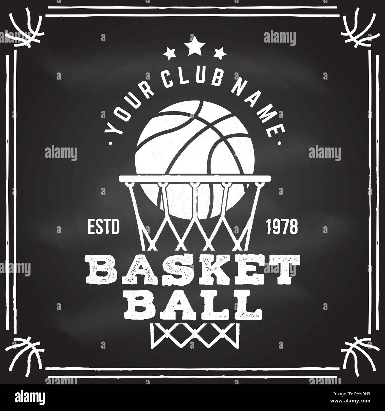 Basketball Club Abzeichen. Vector Illustration. Konzept für T-Shirt, Druck, Stempel oder T-Stück. Vintage Typografie Design mit Basketball, Basketballkorb und Ball Silhouette. Stock Vektor