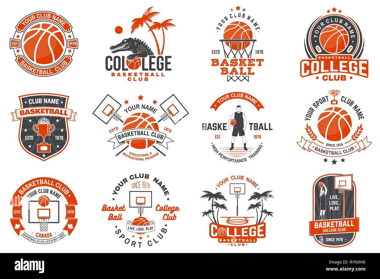 Satz von Basketball Club Abzeichen. Vector Illustration. Konzept für T-Shirt, Druck, Stempel oder T-Stück. Vintage Typografie Design mit Basketball player, Hoop und Ball Silhouette. Stock Vektor